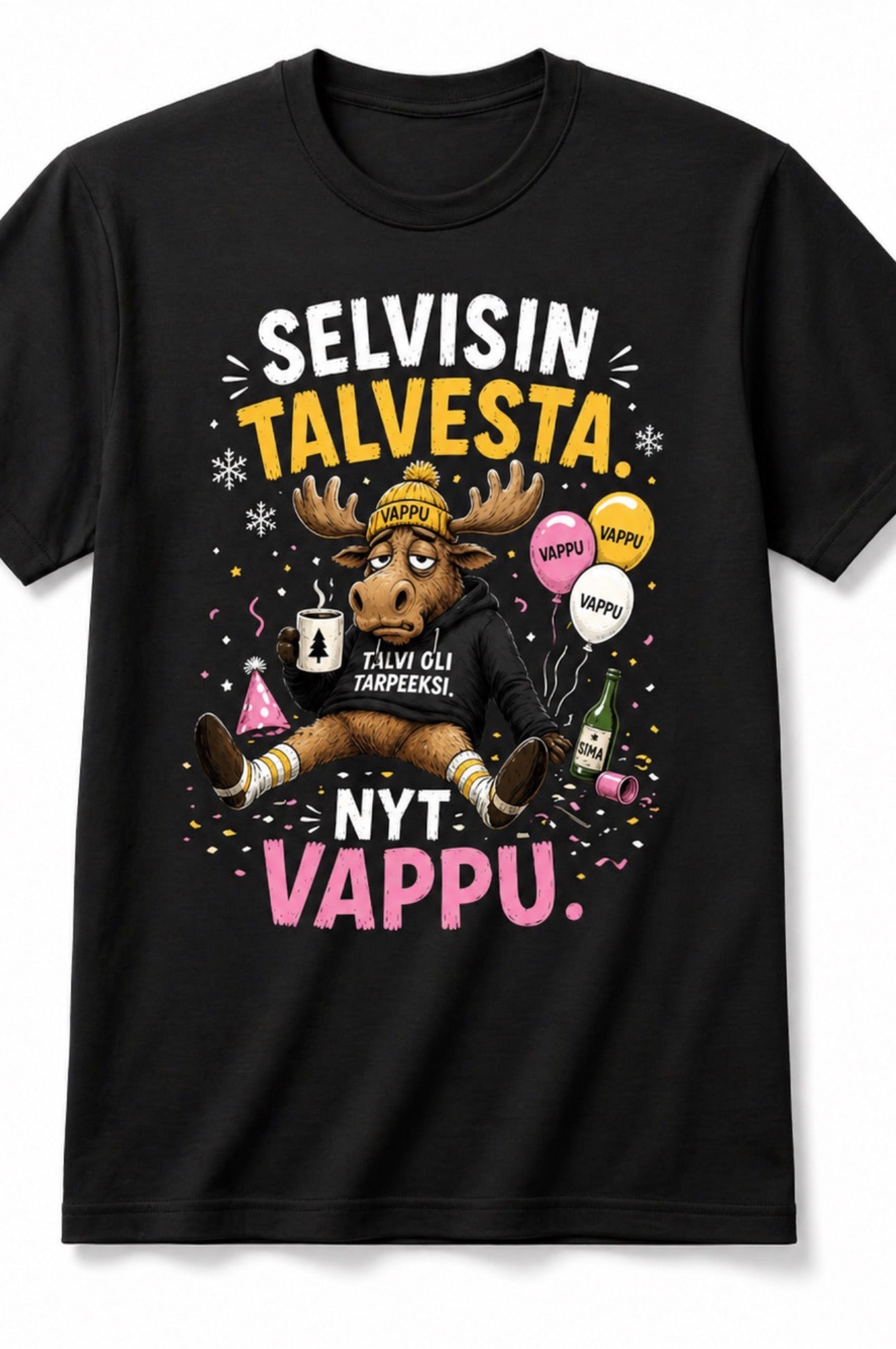 Selvisin talvesta nyt vappu t-paita – hauska suomalainen hirvi paita, vappu lahja, suomi huumori tee