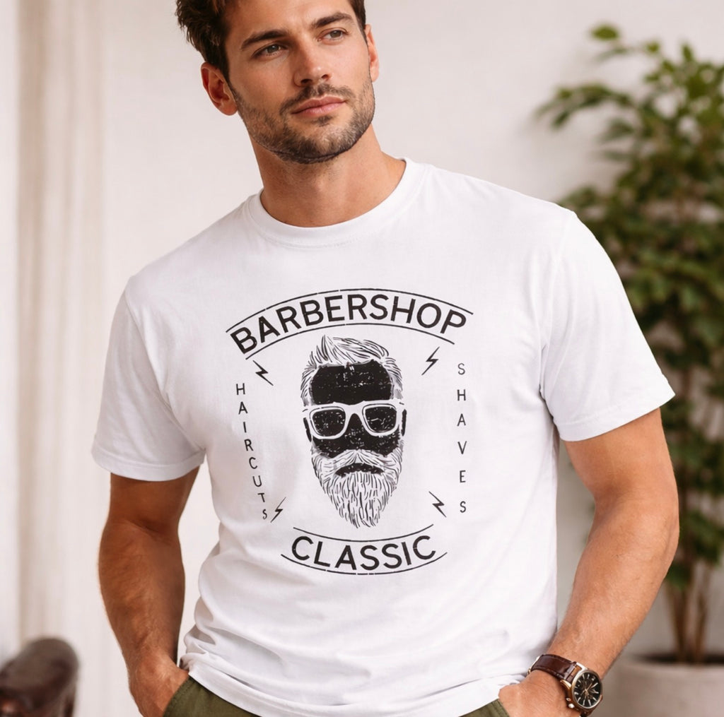 Barbershop Classic T-Shirt – Vintage Barber Tee, Haircut Style Graphic Shirt, Men’s Grooming Unisex Tee, 100% Cotton