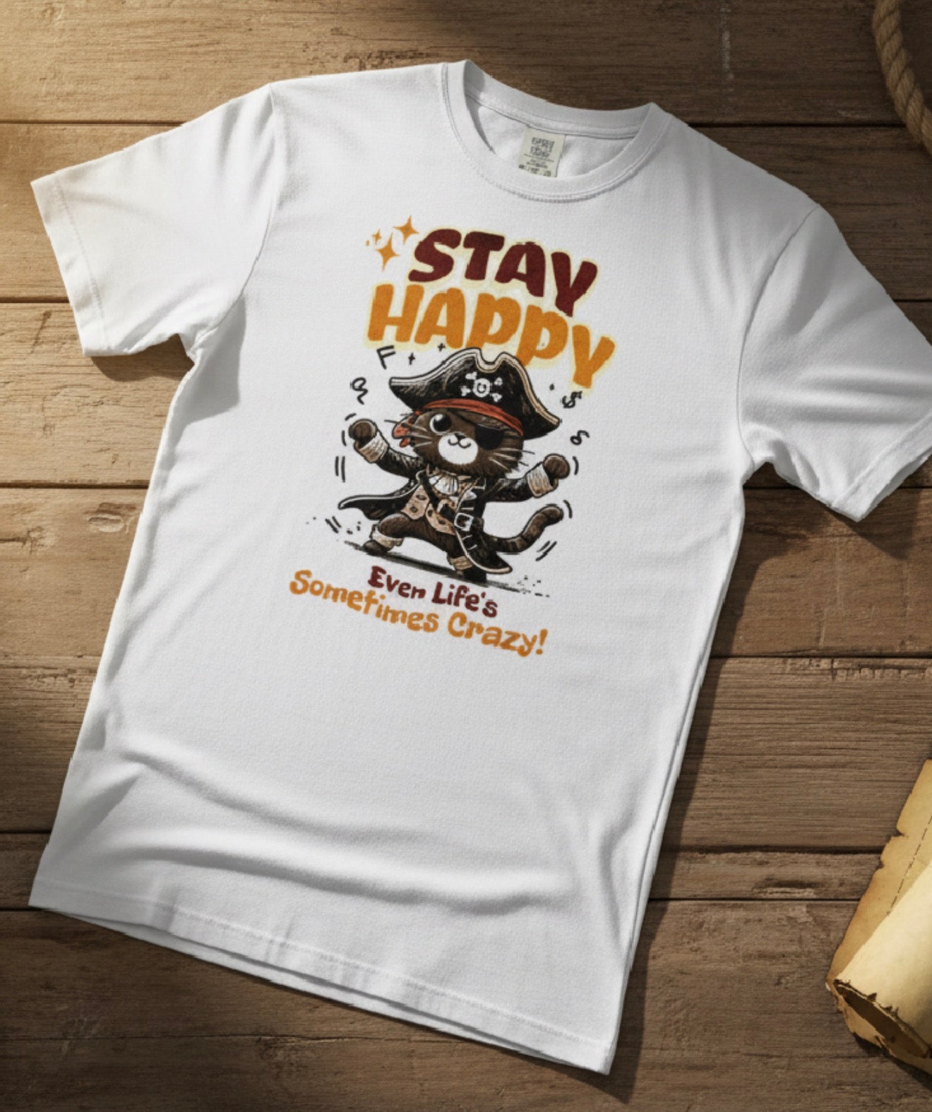 Stay Happy Cat T-Shirt – Funny Pirate Cat Graphic Tee
