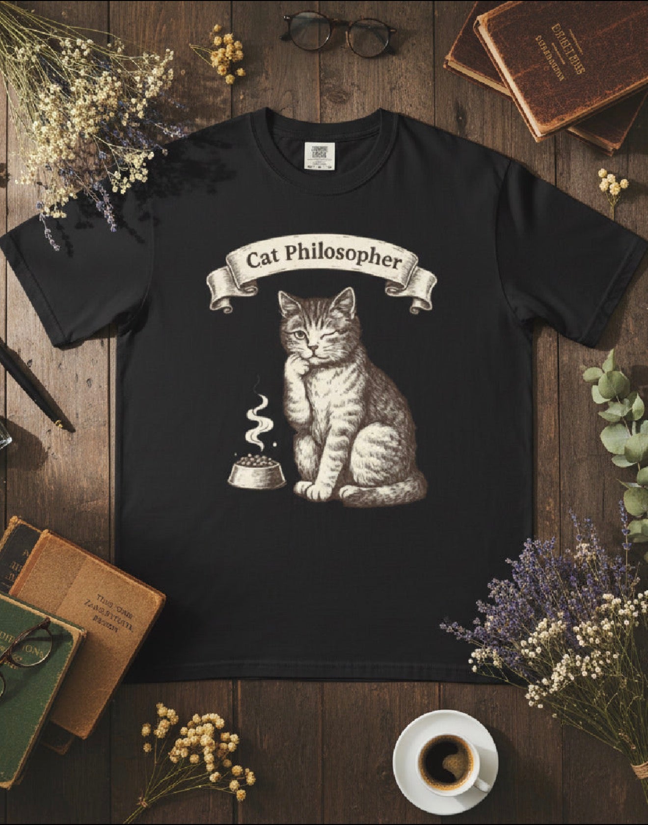 Cat Philosopher T-Shirt – Premium 100% Cotton Vintage Cat Tee, Minimal Luxury Unisex Shirt for Cat Lovers & Book Aesthetic Style