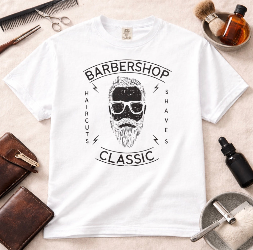 Barbershop Classic T-Shirt – Vintage Barber Tee, Haircut Style Graphic Shirt, Men’s Grooming Unisex Tee, 100% Cotton